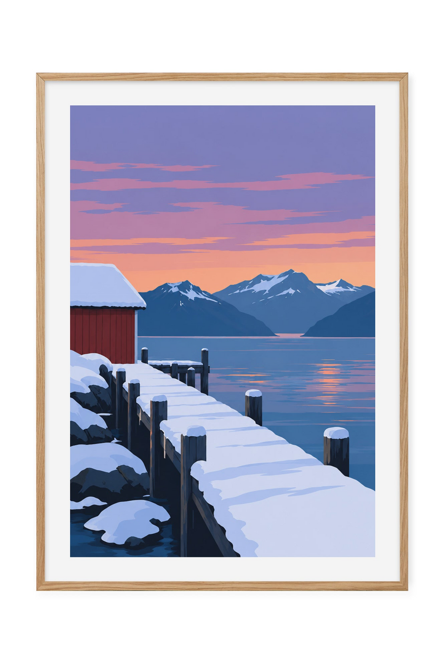Snødekt brygge – Vinterlys ved fjorden
